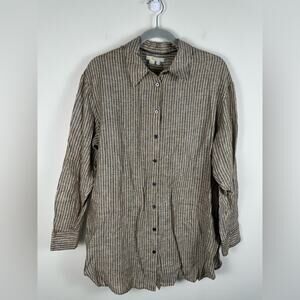 Boden Tunic Shirt US 10 Petite Brown Linen Striped Gold Button Up Long Sleeve